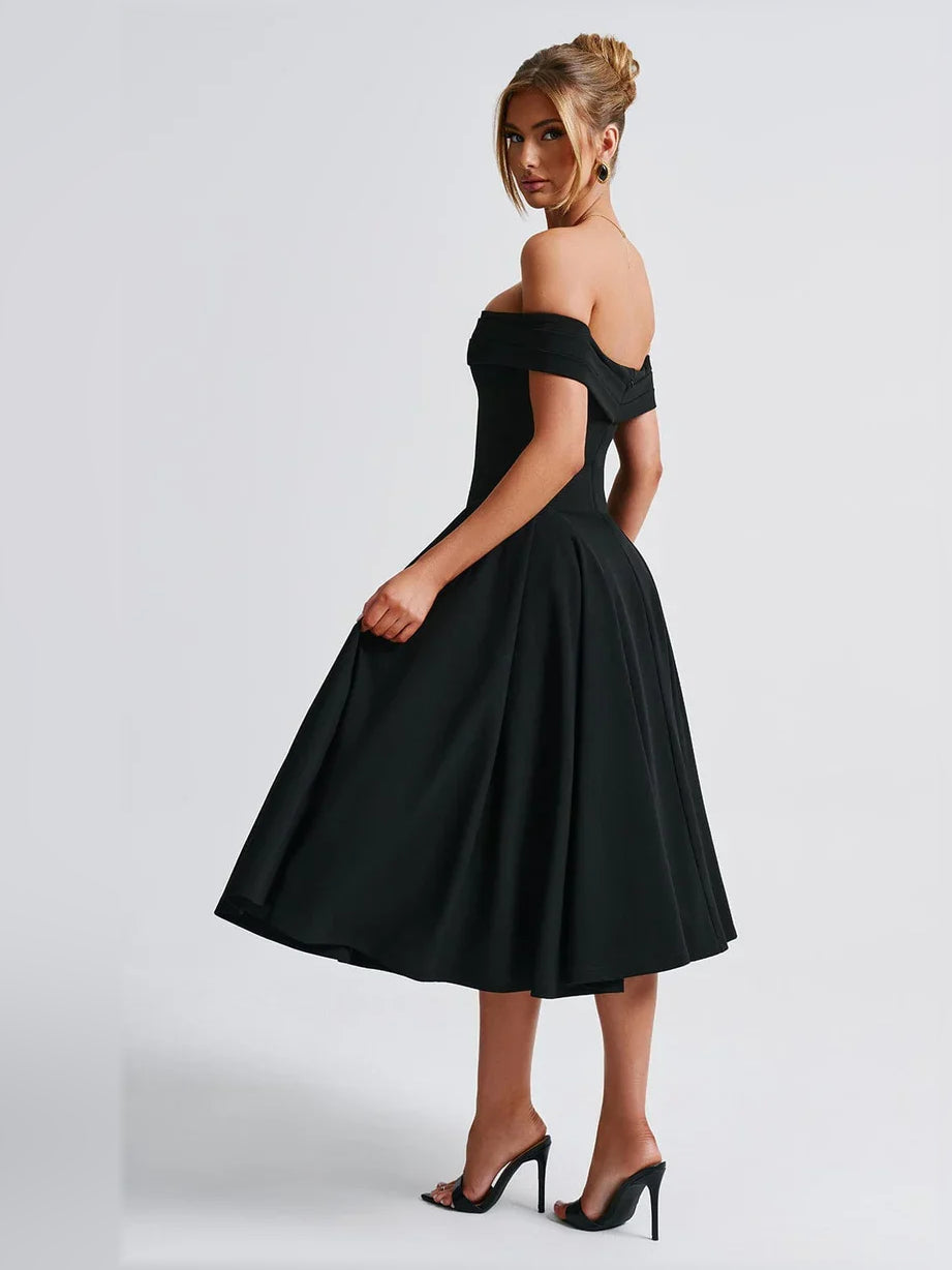Black off-the-shoulder A-line midi formal dress, side view, pleated full skirt