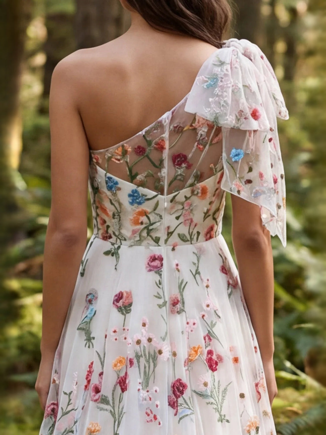 Back view of ivory floral tulle one-shoulder dress with ruffled open back panel