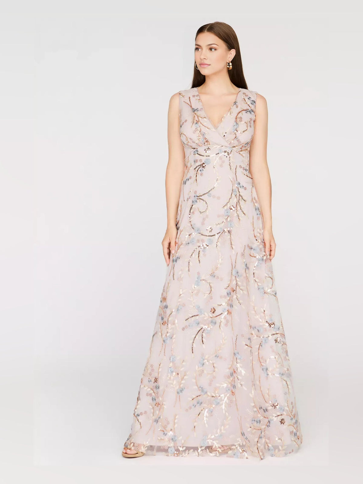 Beaded floral print V-neck floor-length formal dress, sleeveless, full-length flowing skirt