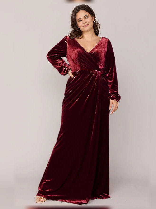 Burgundy velvet wrap bridesmaid dress with V-neck and long sleeves, front view