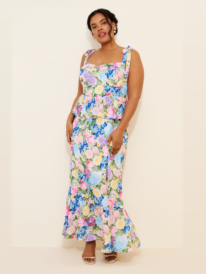 Pink Blue Floral Print maxi formal dress, alternate full-length view showing the skirt