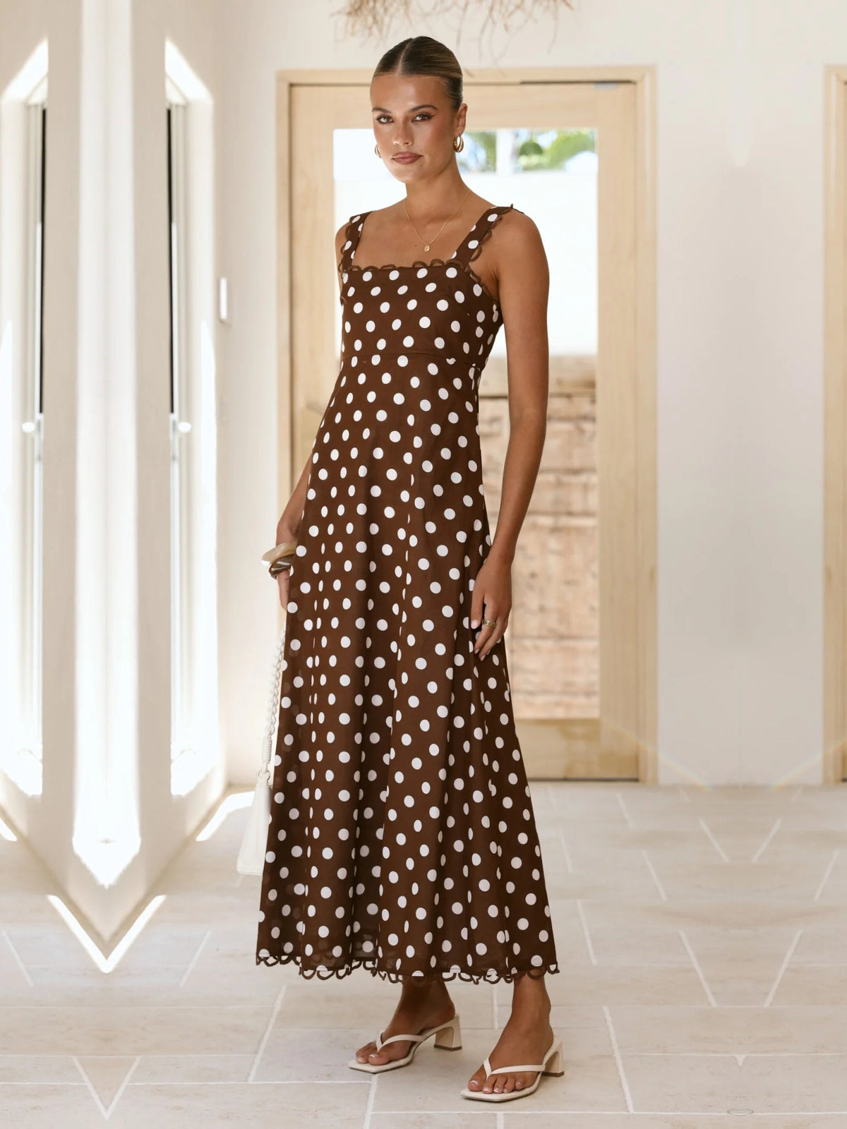 Brown a-line maxi formal dress with printed pattern, alternate view showing the waist
