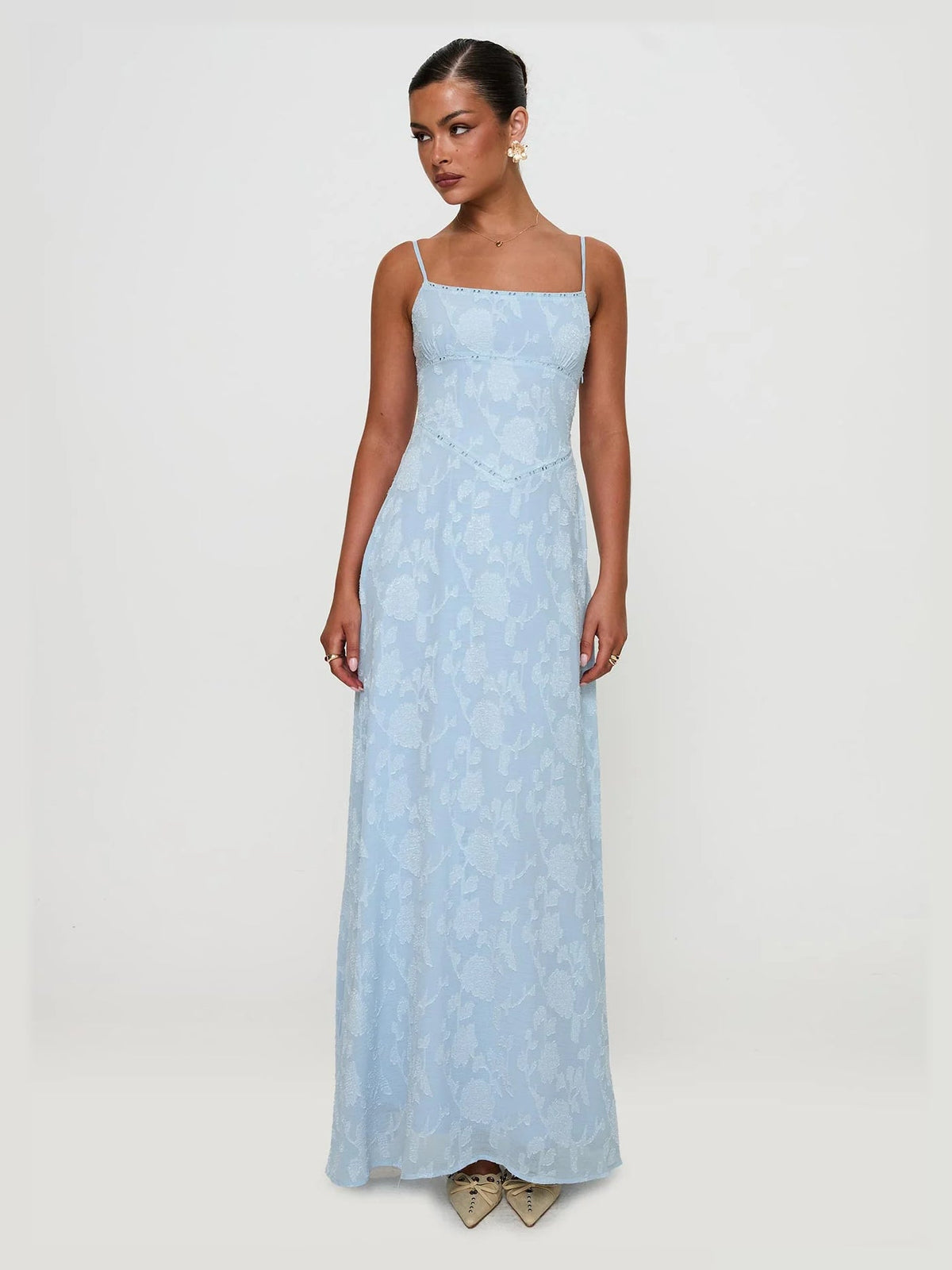 Blue maxi formal dress, alternate full-length view showing the skirt