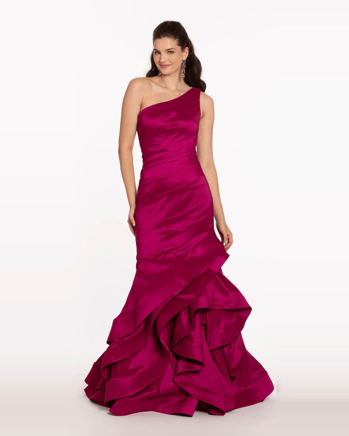 One-shoulder mermaid maxi prom dress in magenta with layered ruffle hem