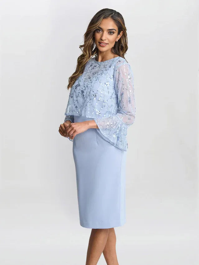 Light blue sheath dress with round neck, beaded sheer sleeves, knee length, front