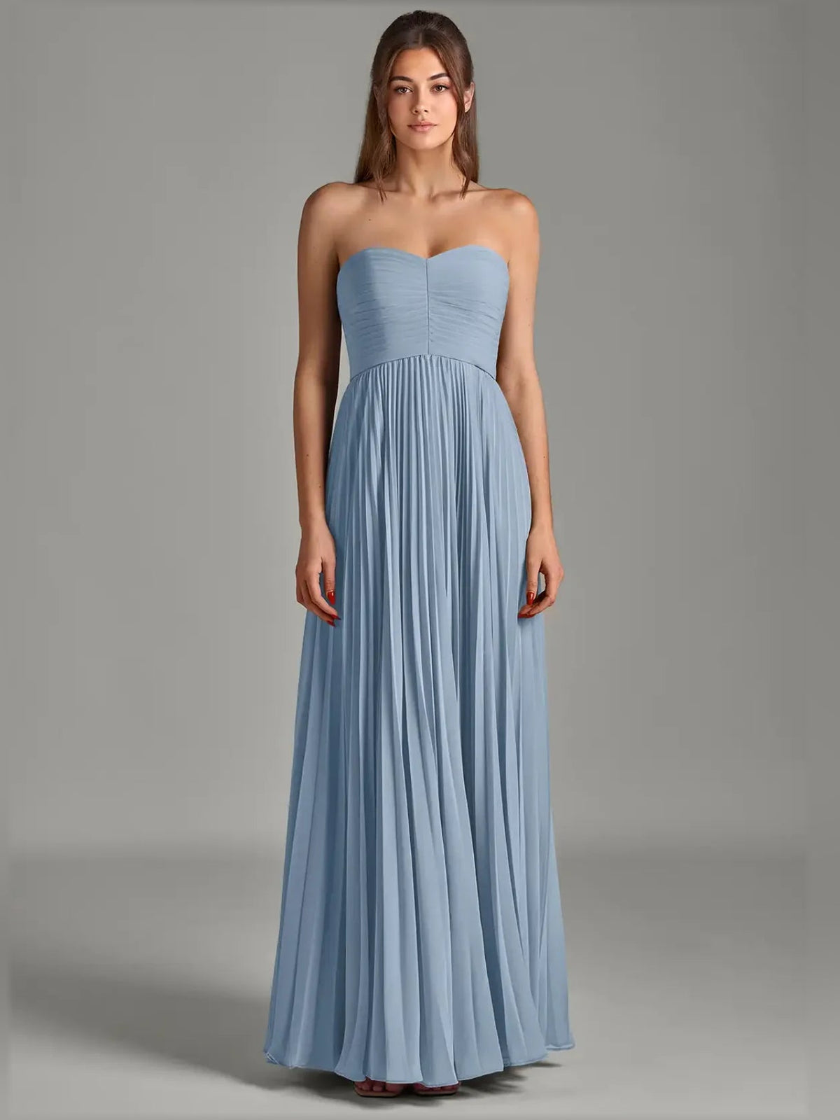 Dusty blue strapless chiffon A-line formal dress with pleated skirt and long hem