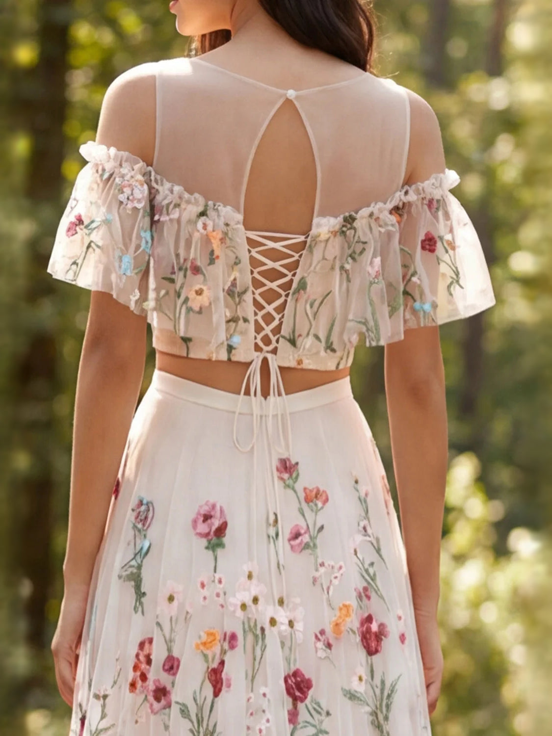Ivory off-shoulder floral maxi dress with open back lace-up corset and ruffled shoulder sleeves