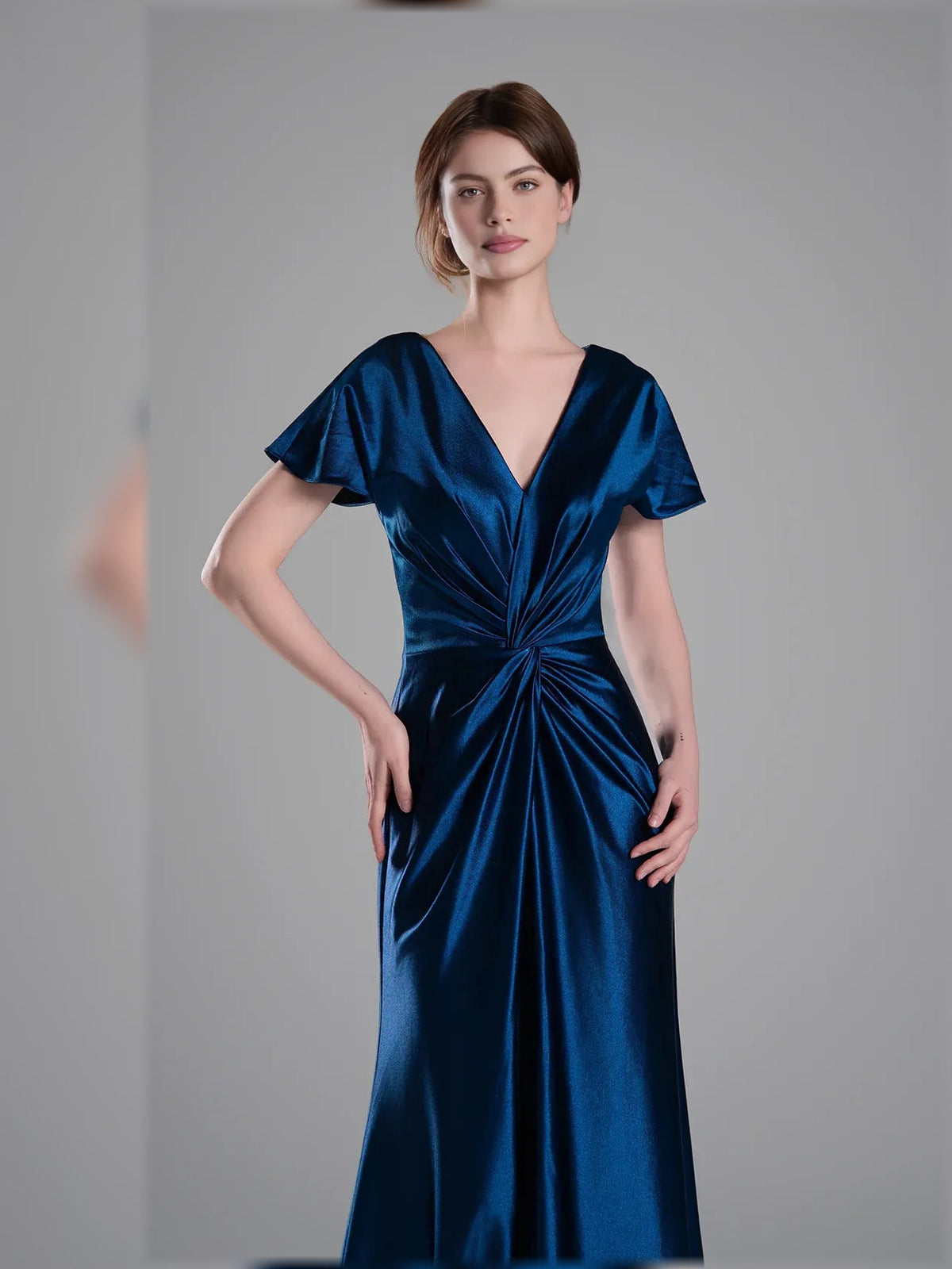 Navy blue V-neck maxi dress with short flutter sleeves and knotted gathered waist