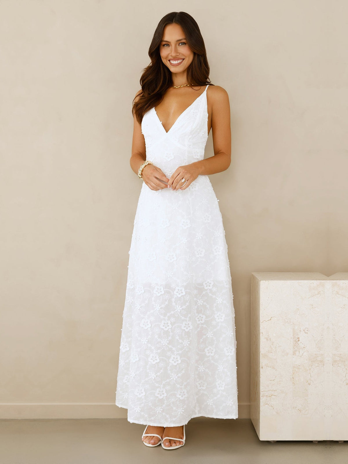 White a-line maxi formal dress with cutout detail, alternate view showing the waist