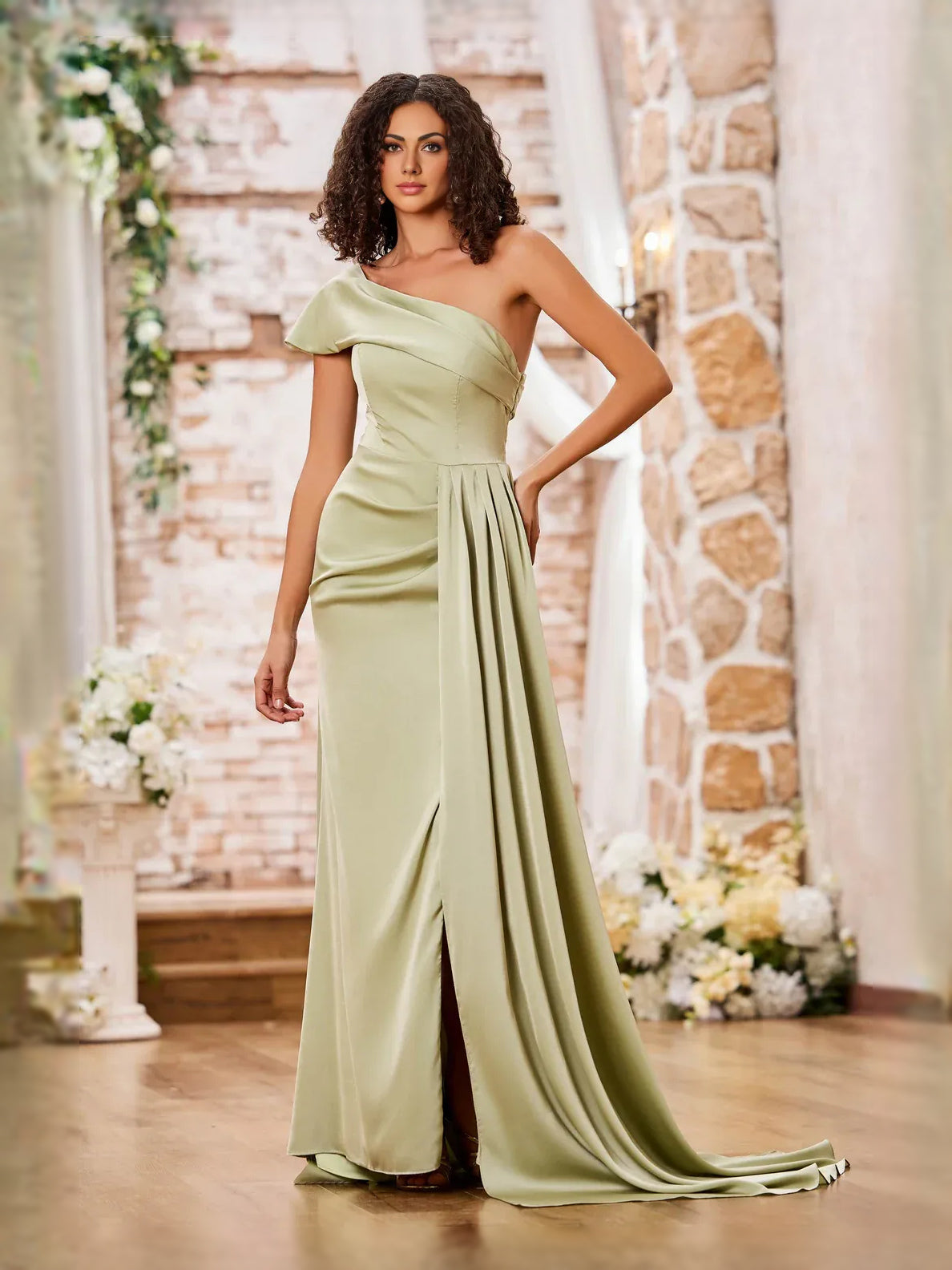 Dusty sage satin prom dress with asymmetrical shoulder drape, mermaid fit, floor length
