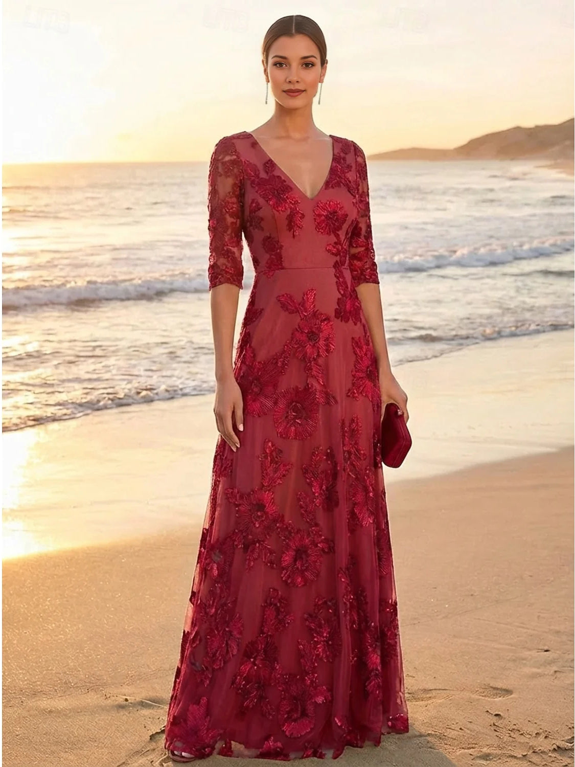 Red floral-applique V-neck A-line floor-length tulle dress with lace half sleeves