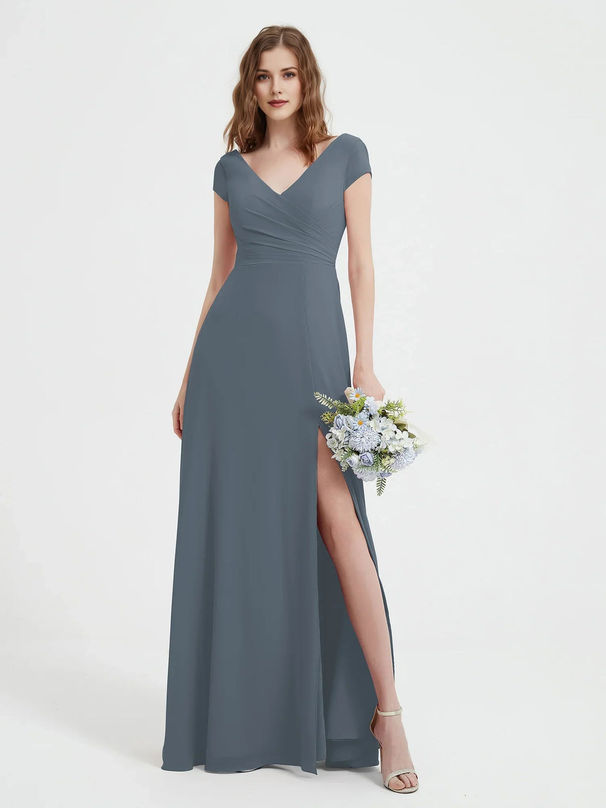 Dusty blue ruched V-neck A-line maxi dress with cap sleeves and side slit