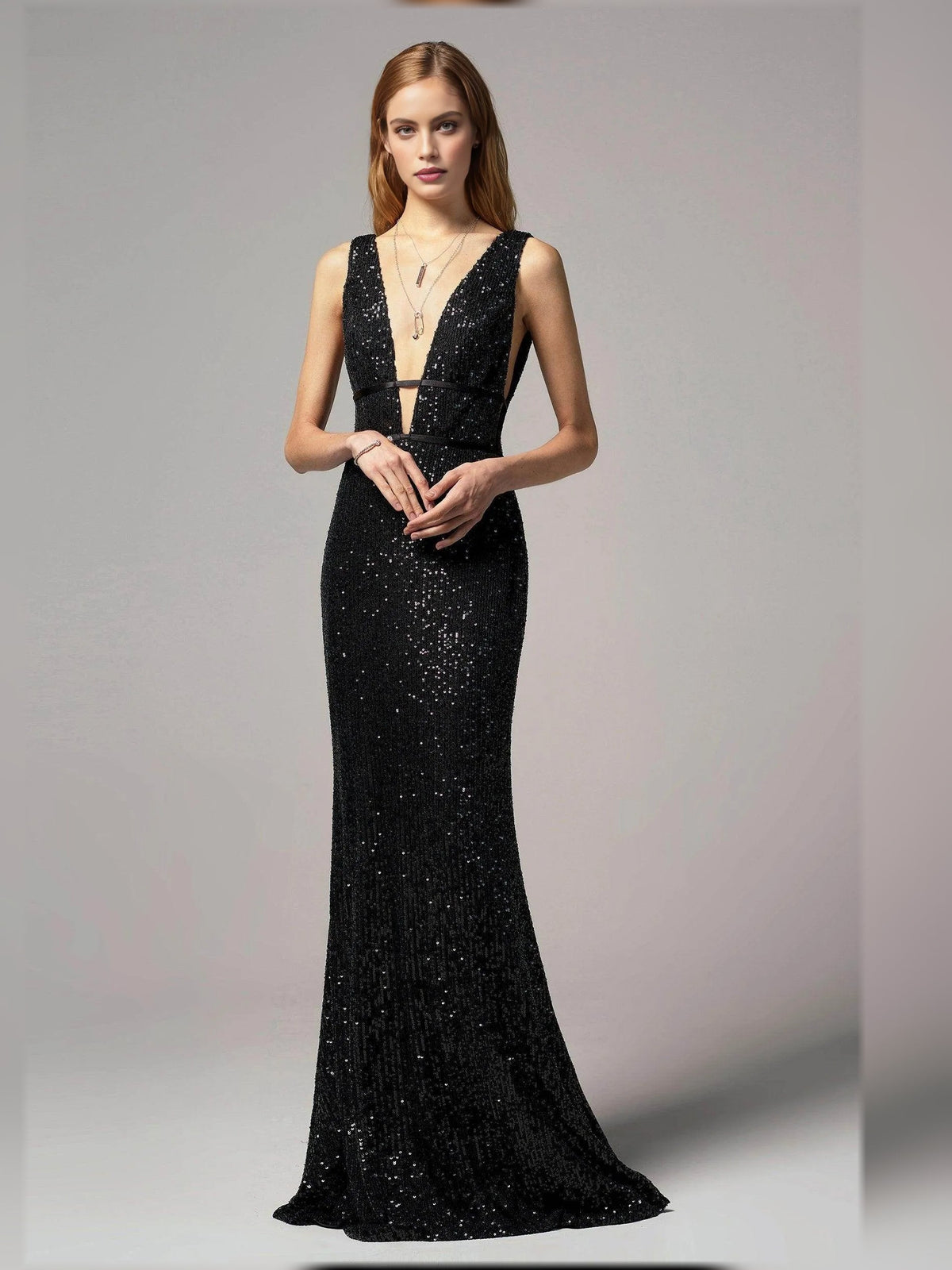 Black beaded open-back sheath floor-length formal dress with fitted mermaid hem