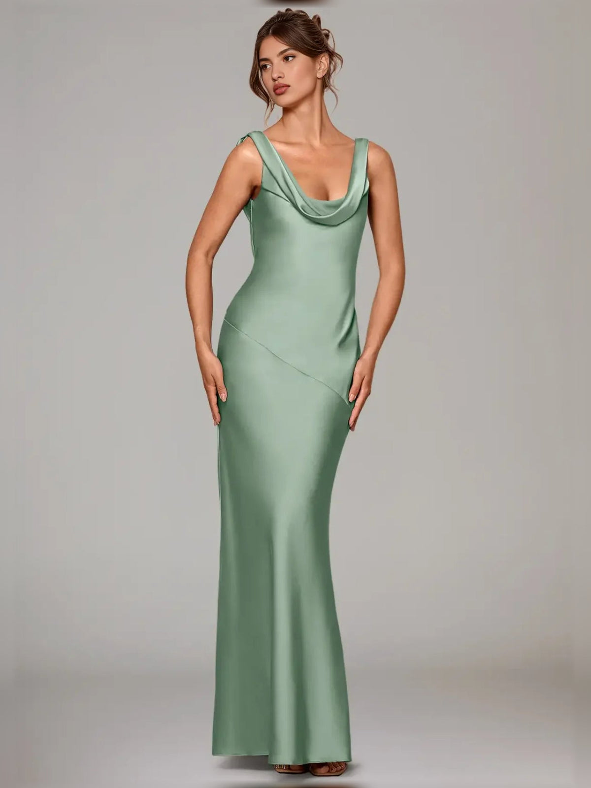 Dusty sage satin cowl-neck A-line floor-length bridesmaid dress with spaghetti straps