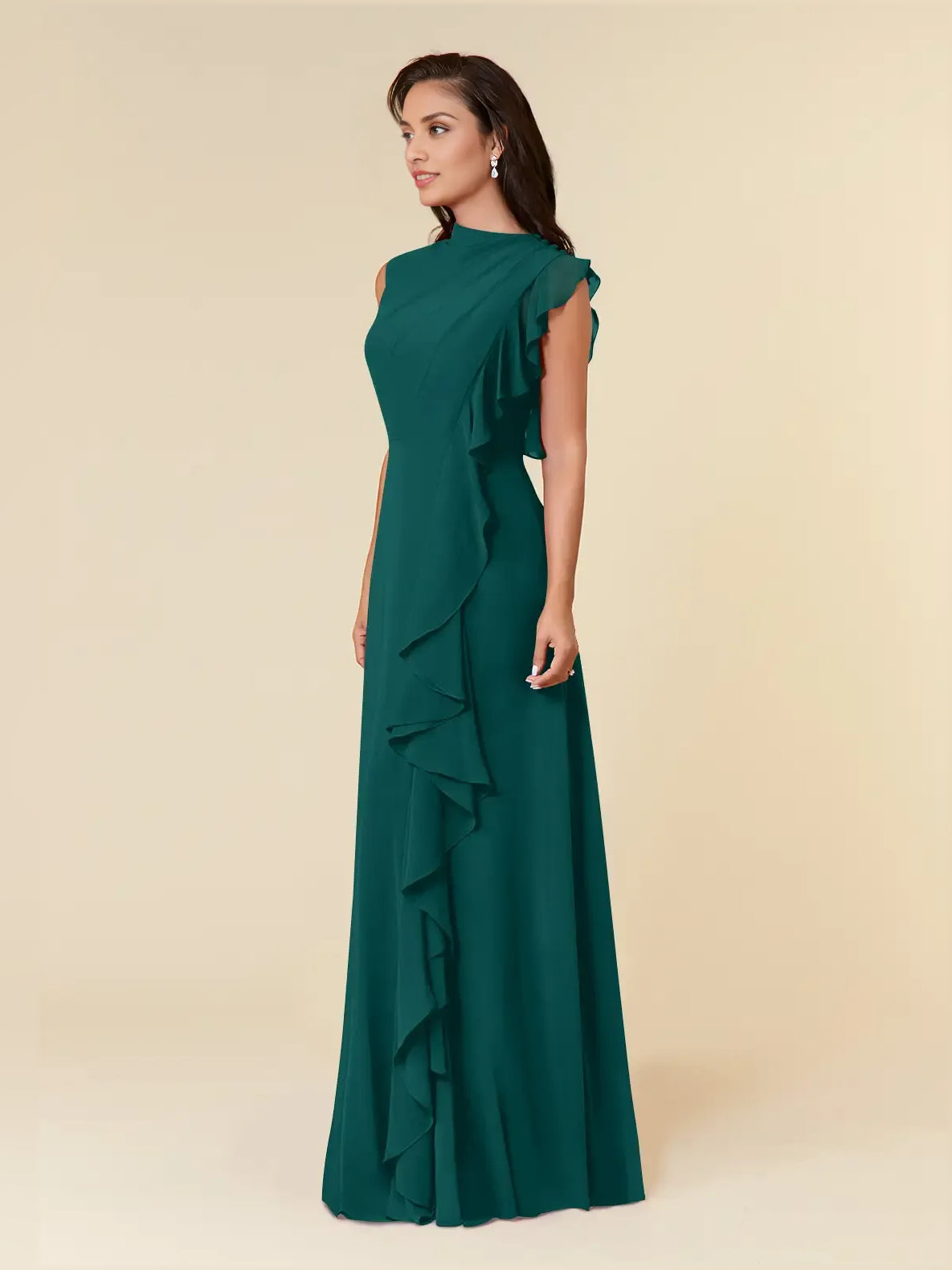 Teal sleeveless high-neck A-line maxi chiffon bridesmaid dress with side ruffles