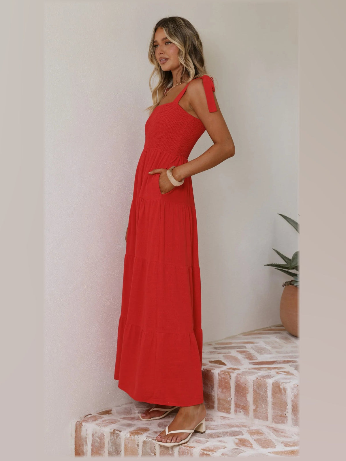 Red maxi formal dress, alternate full-length view showing the skirt