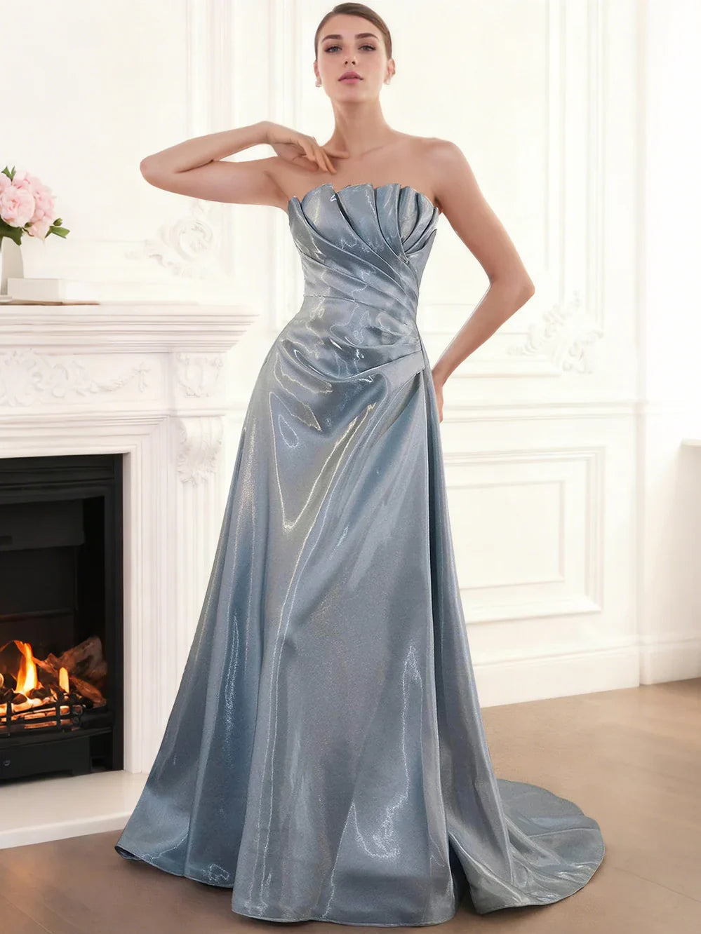 Dusty blue satin formal dress with strapless sweetheart bodice and flowing A-line skirt