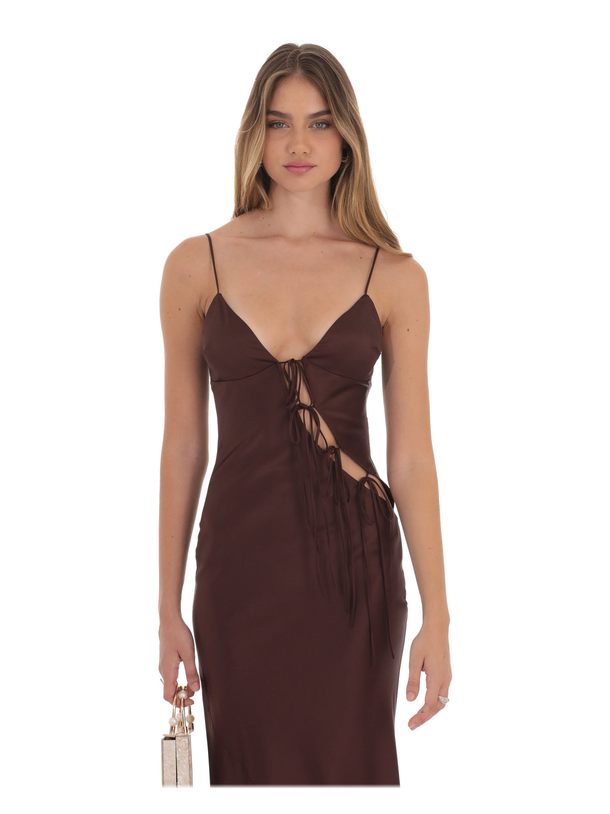 Brown bridesmaid dress with cut-out detailing