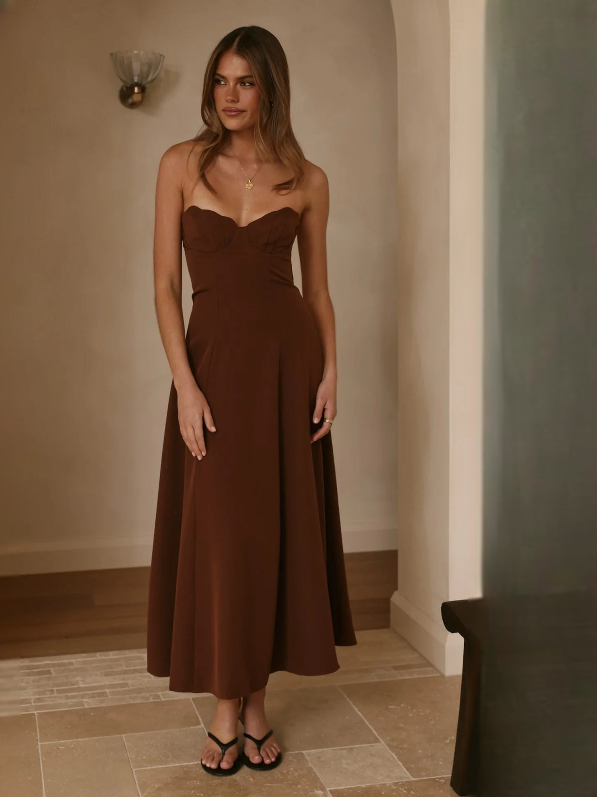 Chocolate strapless midi formal dress, straight fitted bodice and soft A-line skirt