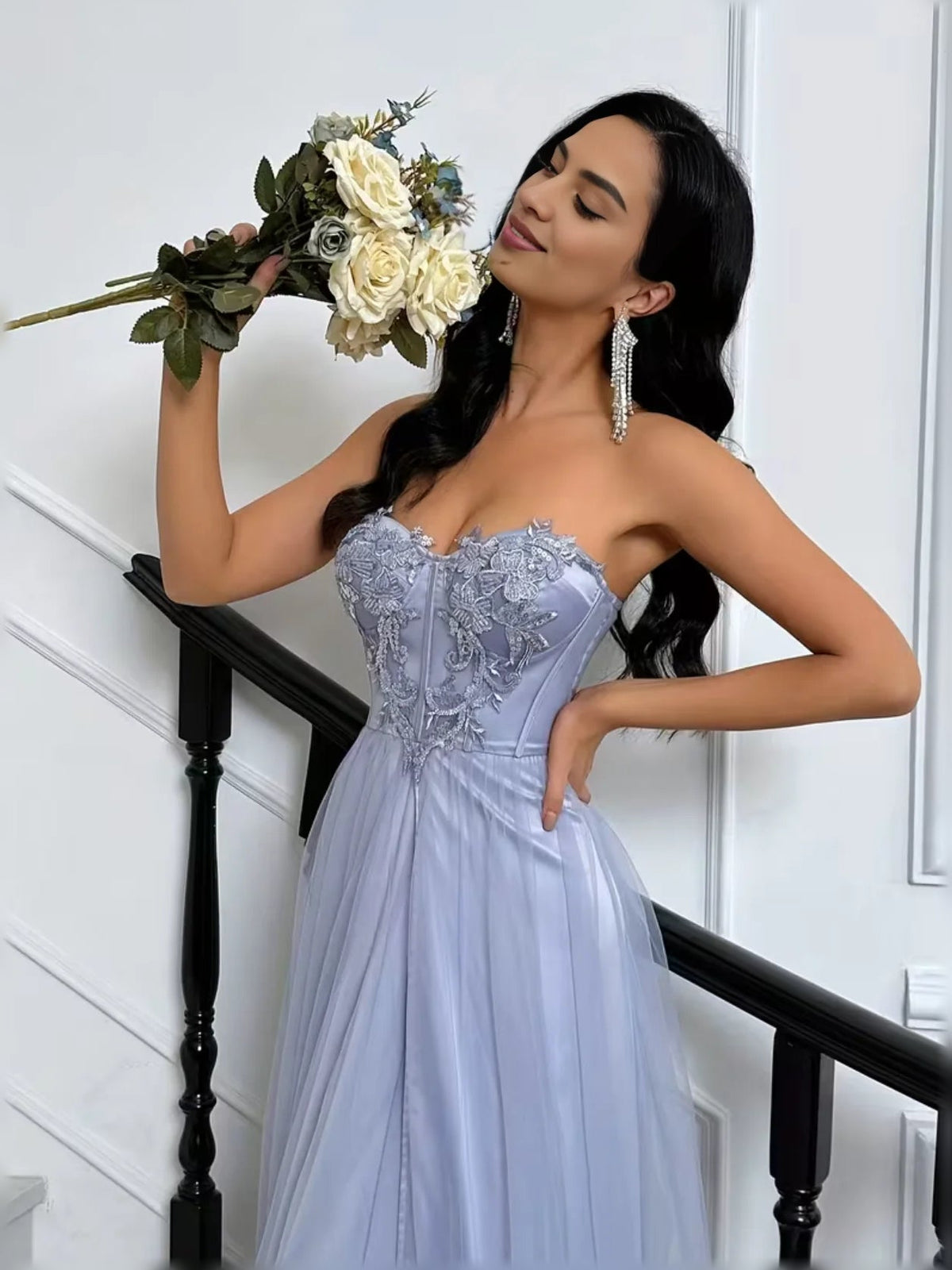 Lavender strapless corset tulle A-line dress with beaded bodice and flowing skirt