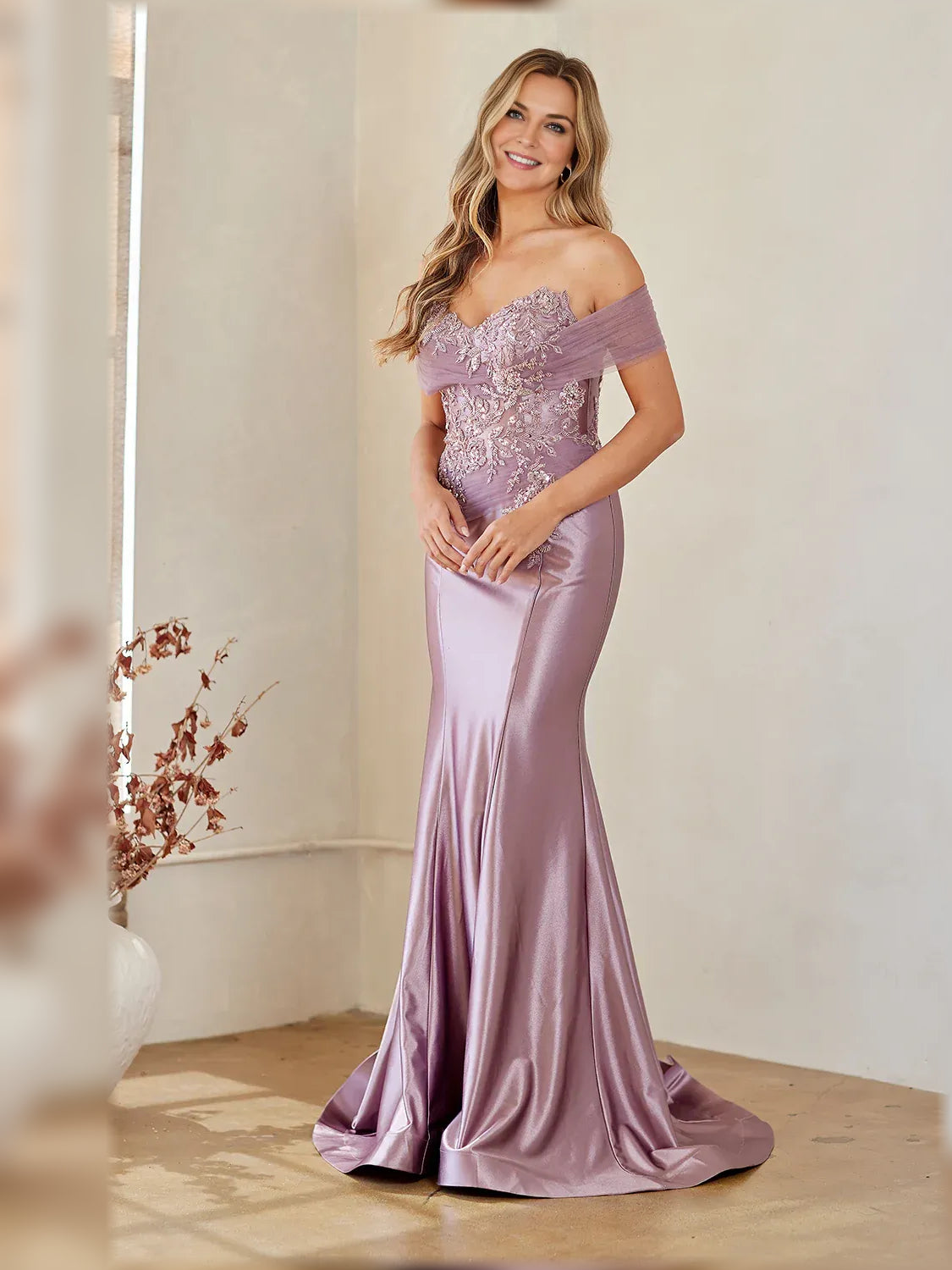 Wisteria off-shoulder beaded mermaid formal dress, front view, floor-length satin