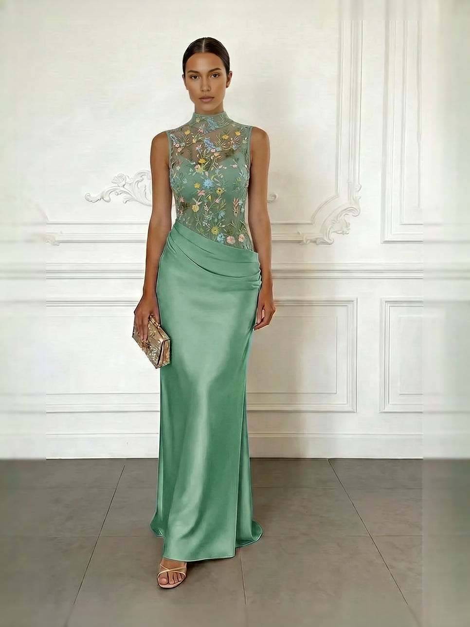Dusty sage satin mermaid mother-of-the-bride dress with high neck floral embroidery