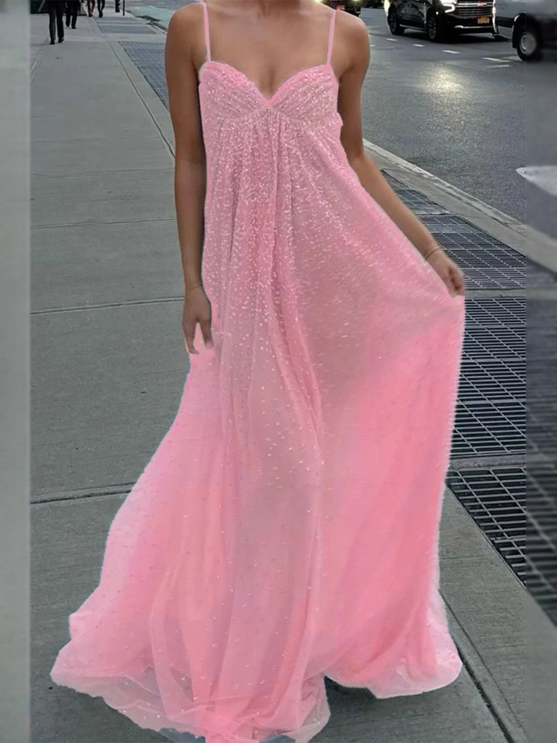 Pink glitter A-line prom dress with scalloped sweetheart bodice and thin straps