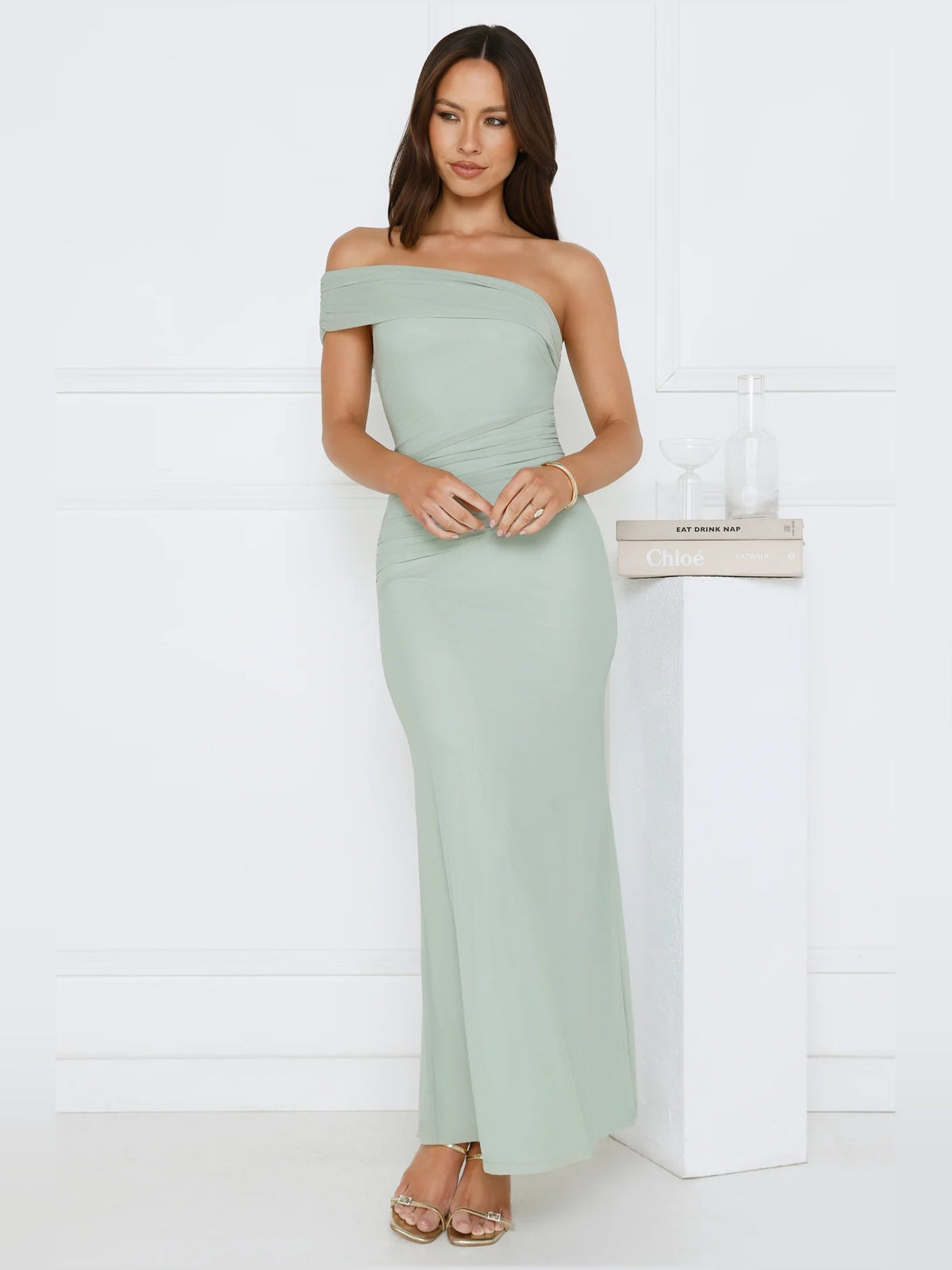 Sage sheath maxi formal dress with one-shoulder neckline, alternate view showing the waist