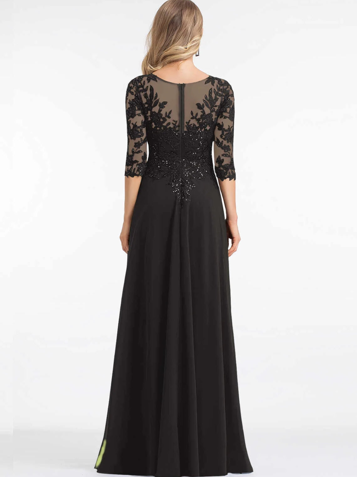 Embroidered sequin floral maxi dress, back view, black, A-line with lace sleeves
