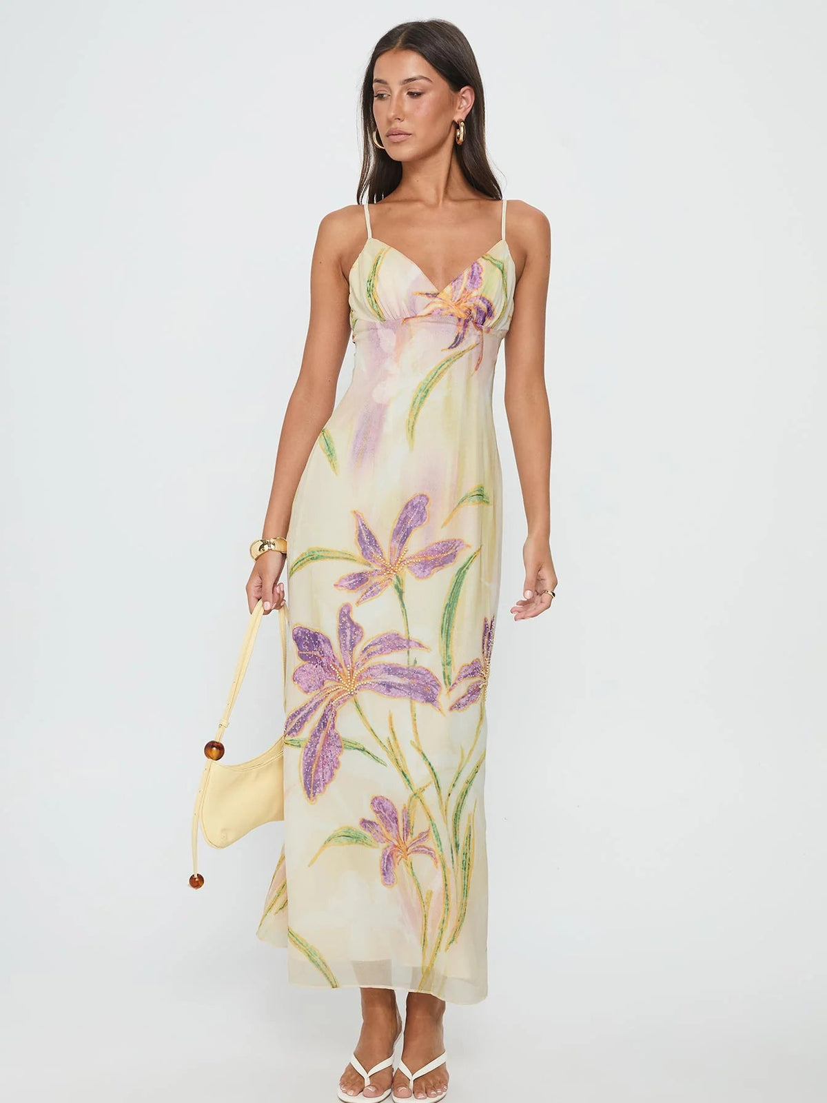 Ivory Pastel Floral Print sheath maxi formal dress with beading, alternate full-length view showing the waist