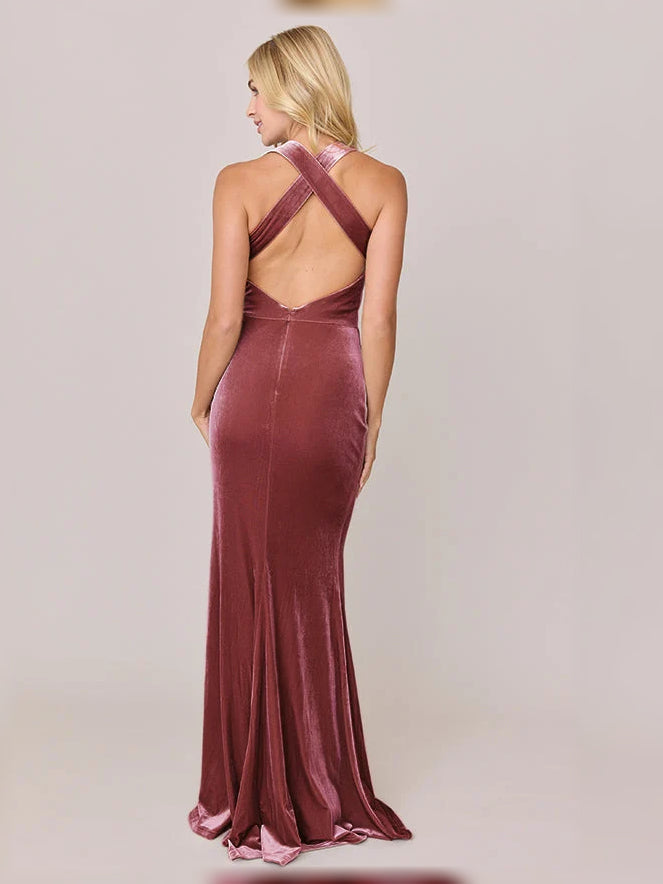 Burgundy velvet mermaid bridesmaid dress with open back straps and long side slit