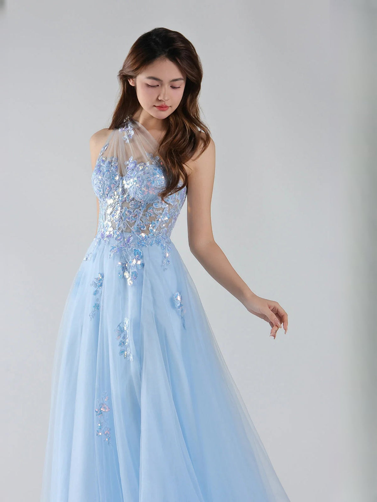 Light blue one-shoulder A-line maxi prom dress with floral applique and tulle skirt