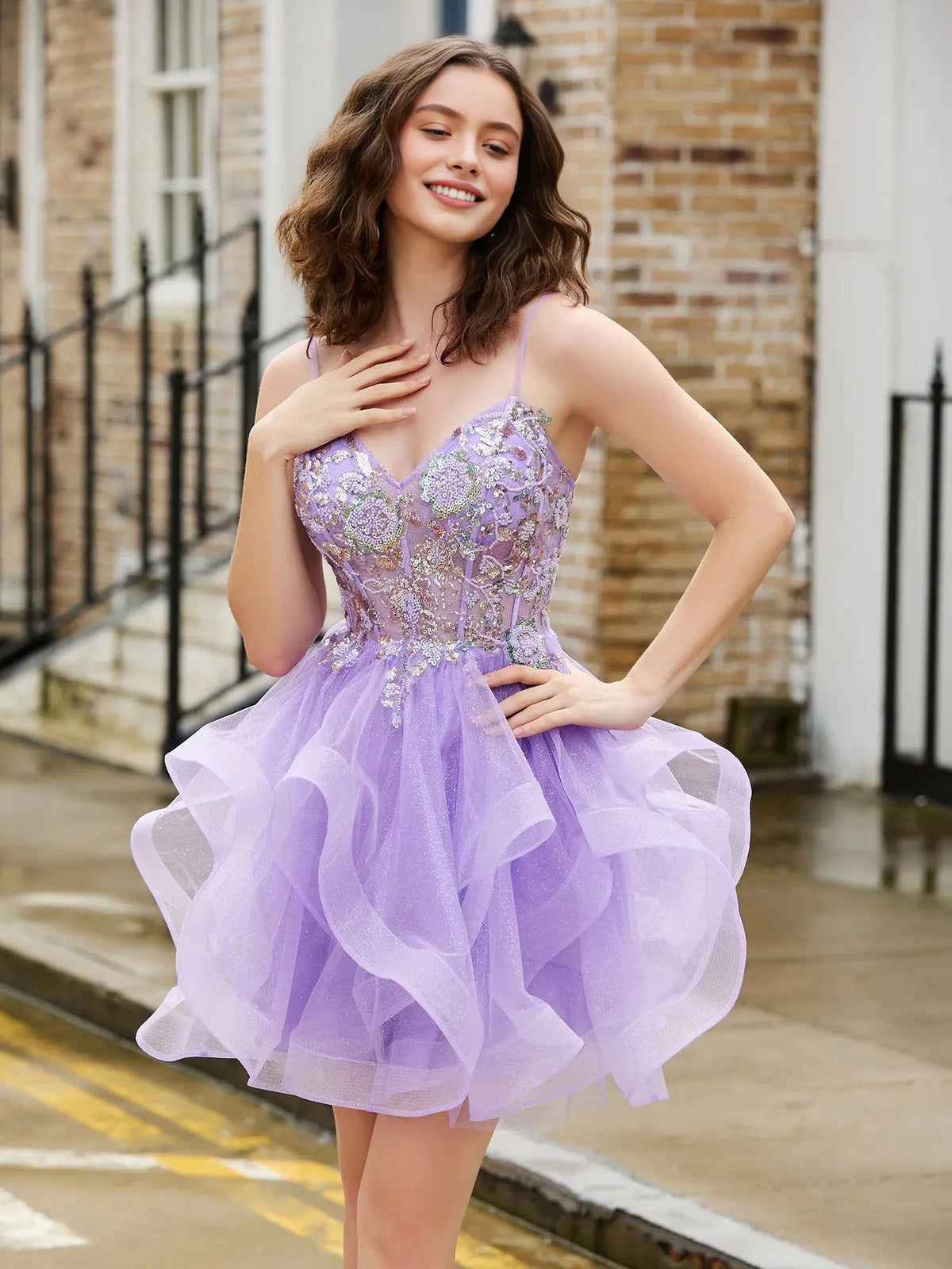 Lilac corset sweetheart mini tulle dress with floral embroidery and tiered ruffle skirt
