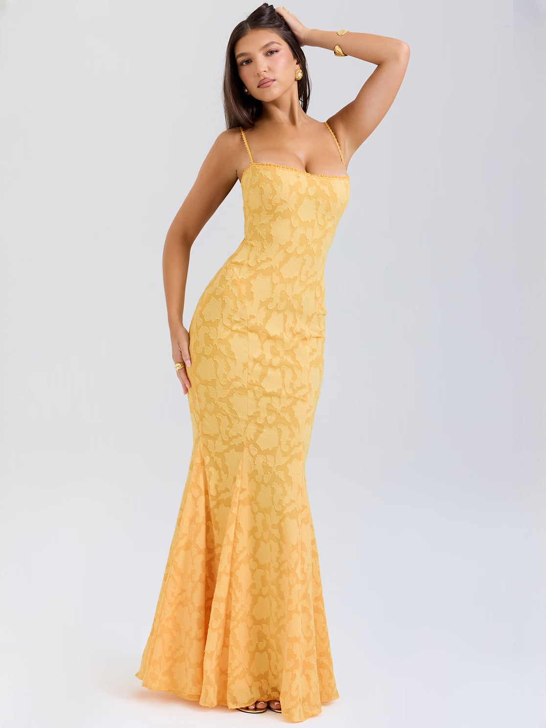 Apricot mermaid maxi formal dress with embroidery, alternate full-length view