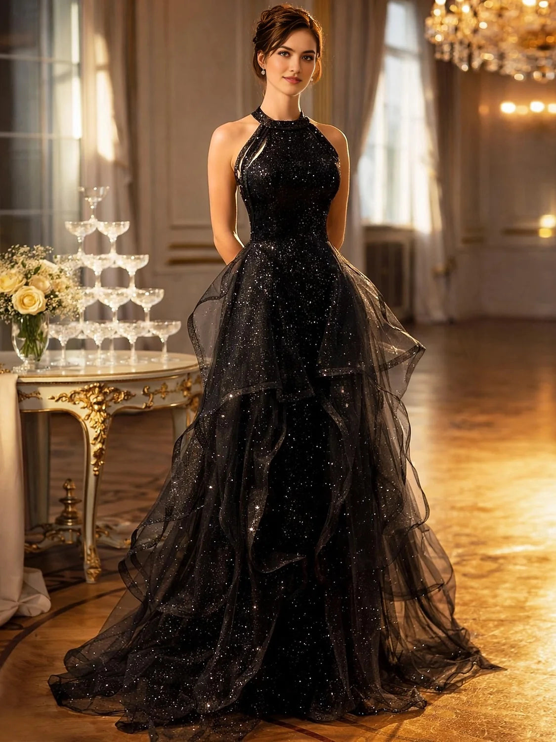 Black halter-neck mermaid prom dress with cut-out detail and tiered ruffled tulle skirt
