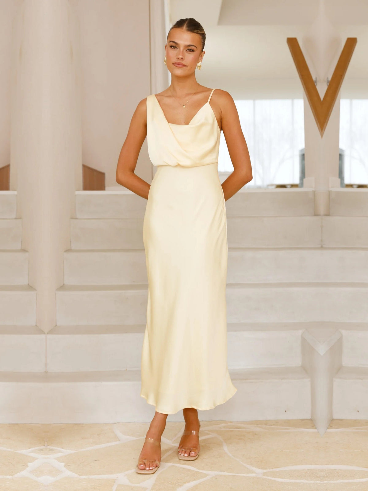 Yellow sheath maxi formal dress with cowl neckline, alternate view showing the waist