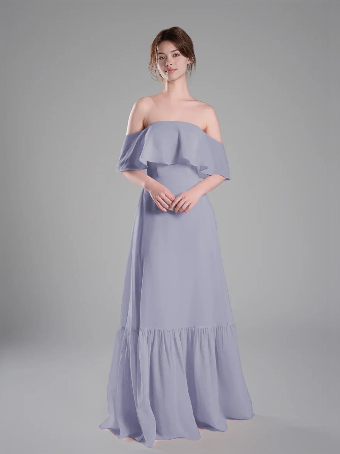 Lavender off-shoulder chiffon A-line dress with layered ruffle neckline and tiered skirt