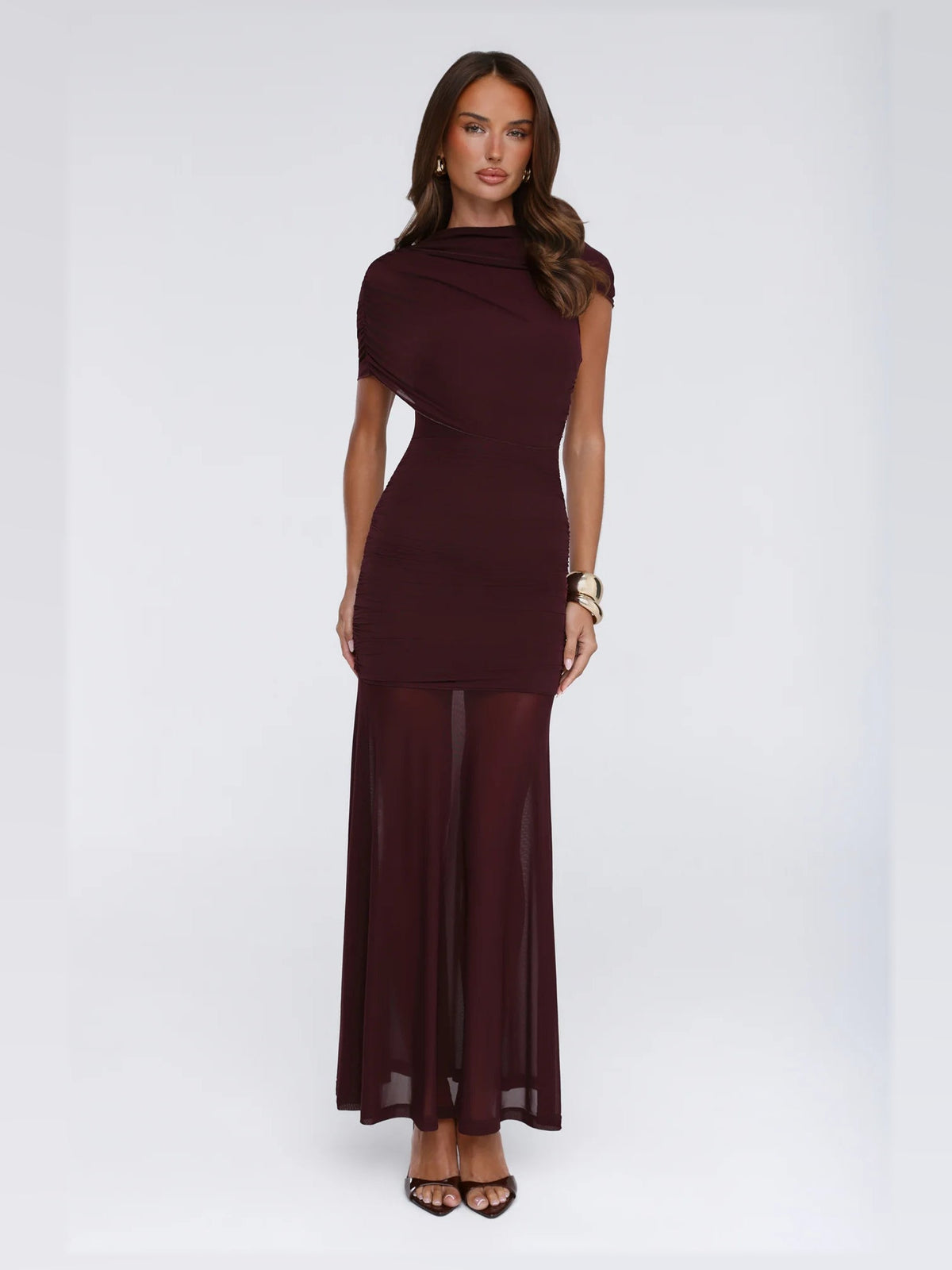Burgundy maxi formal dress, alternate full-length view showing the skirt
