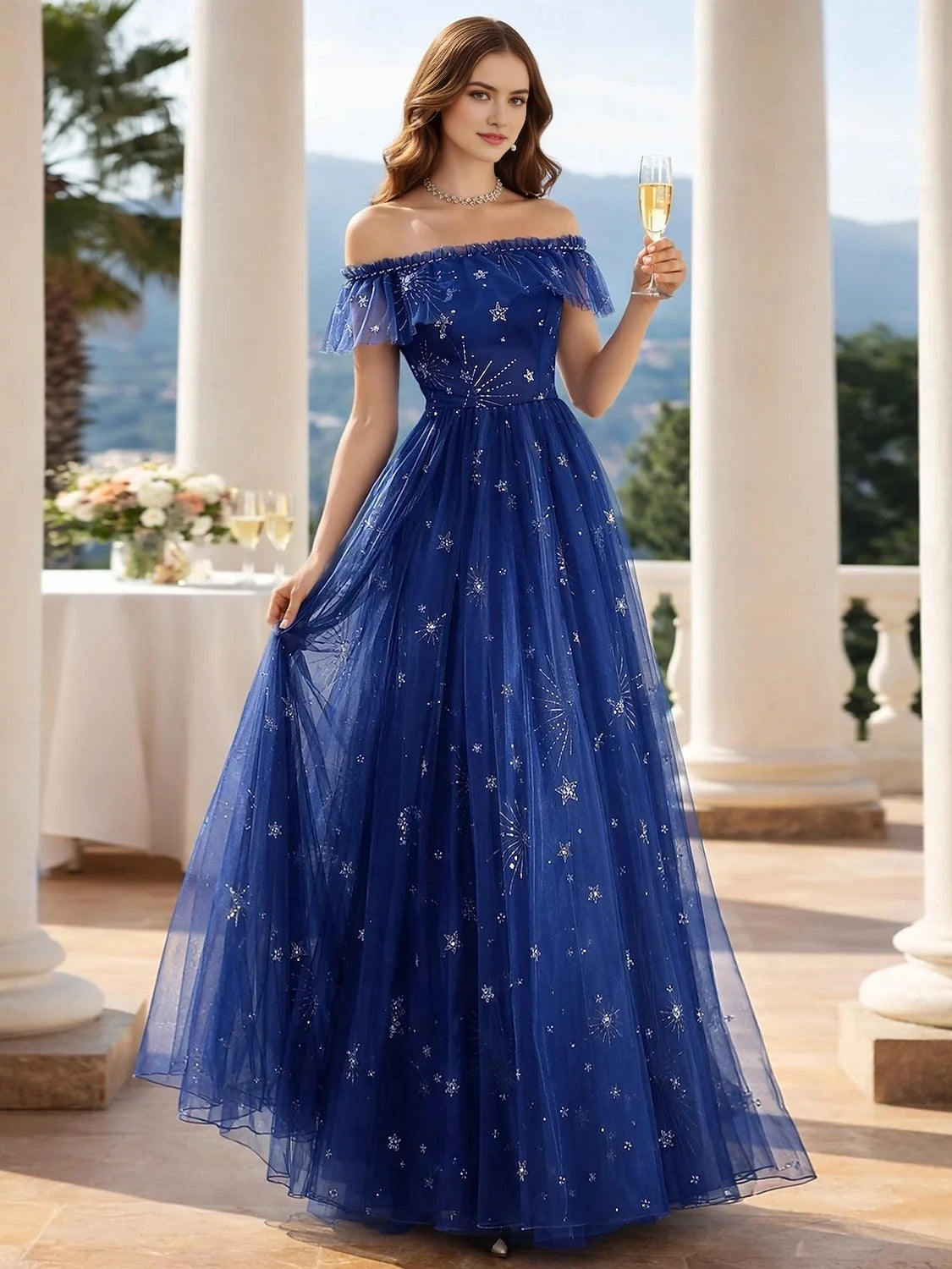 Navy off-shoulder corset prom dress with starry tulle skirt and flowing A-line volume