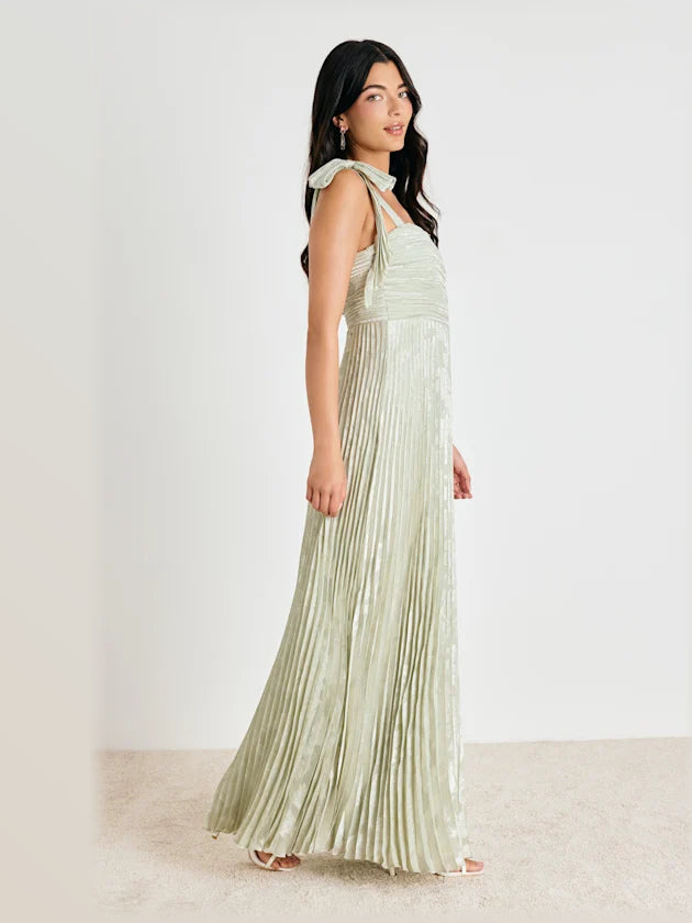 Red formal dress with pleated detailing