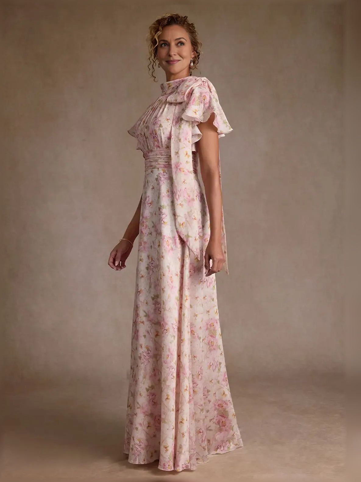Floral chiffon maxi dress with high neck and draped ruffle panel, A-line skirt