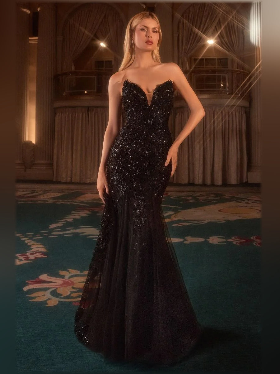 Black one-shoulder sequin mermaid floor-length formal dress with sweetheart neckline