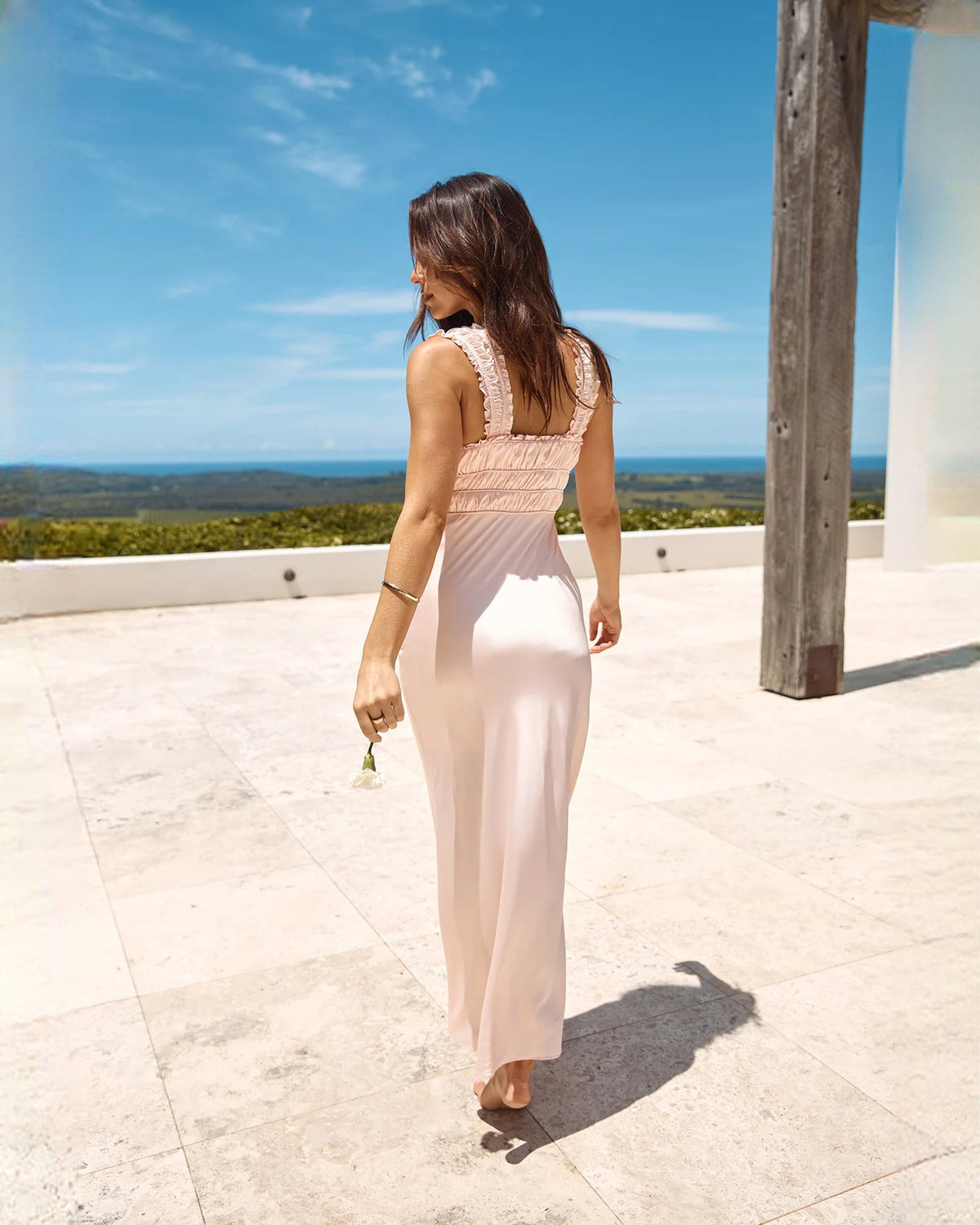 Blush pink satin A-line maxi bridesmaid dress, sleeveless with ruched back