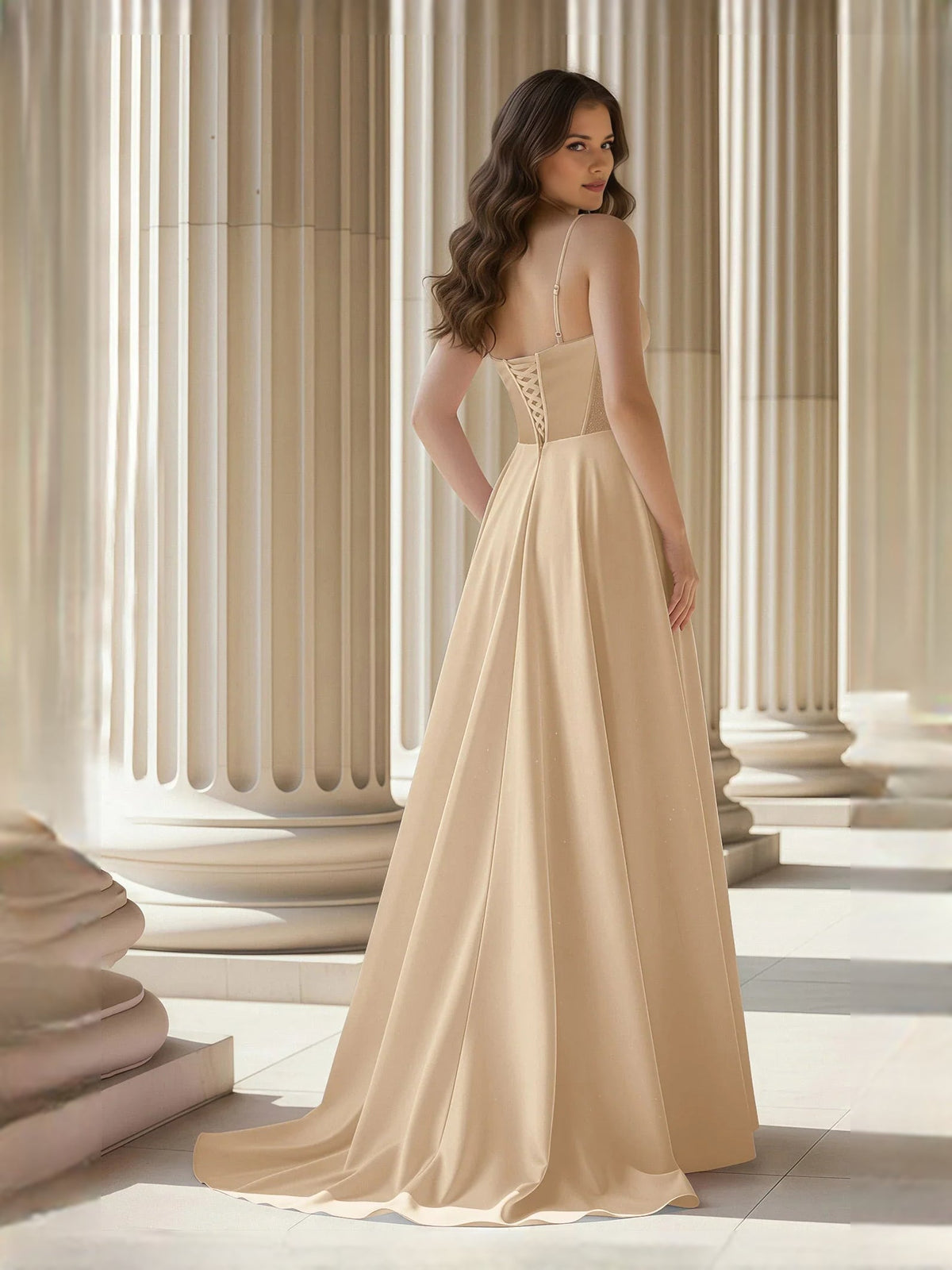 Champagne sweetheart corset A-line satin prom dress with lace bodice detail, floor-length