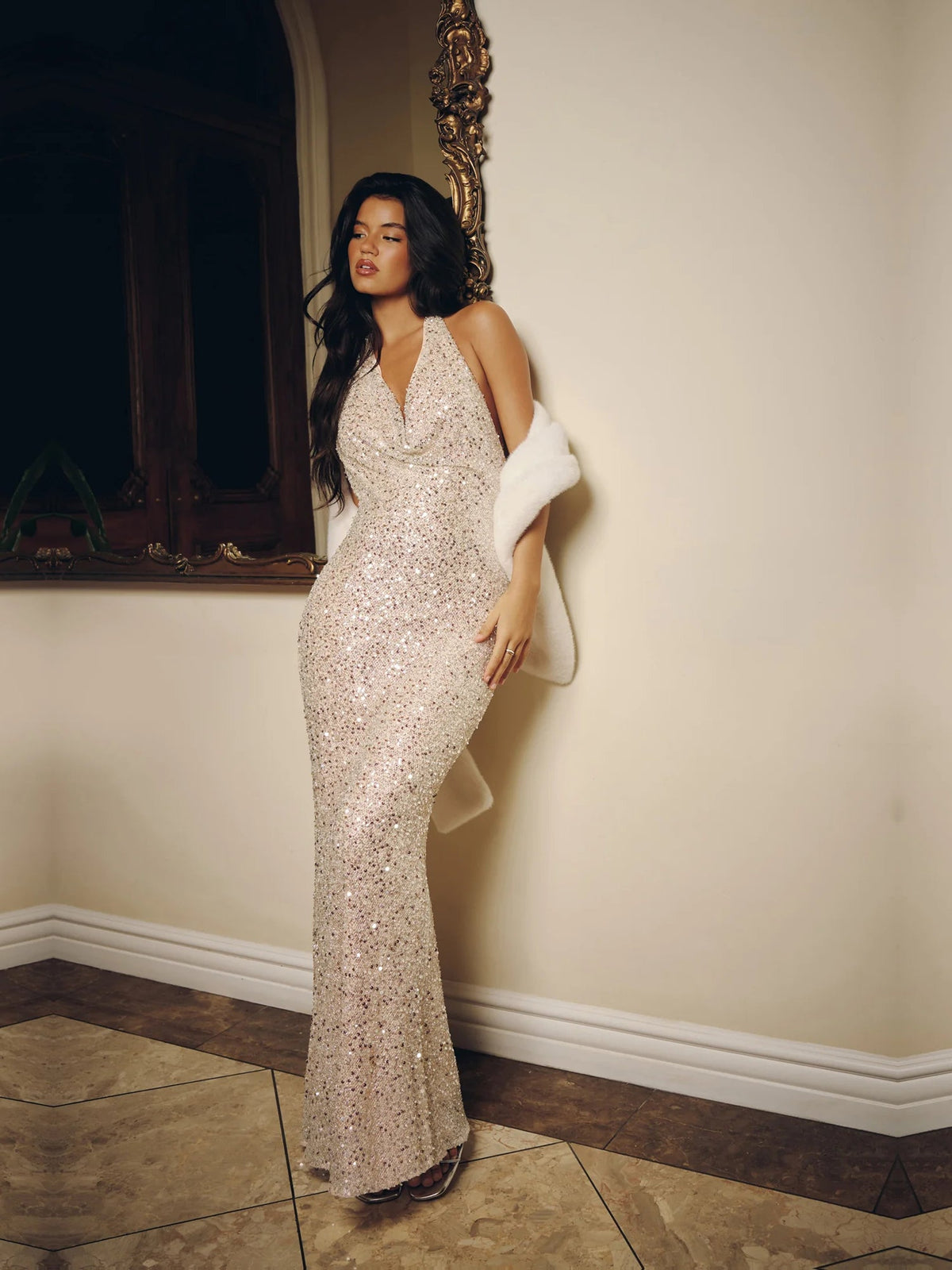 Silver sheath maxi formal dress with sequins, alternate view showing the waist