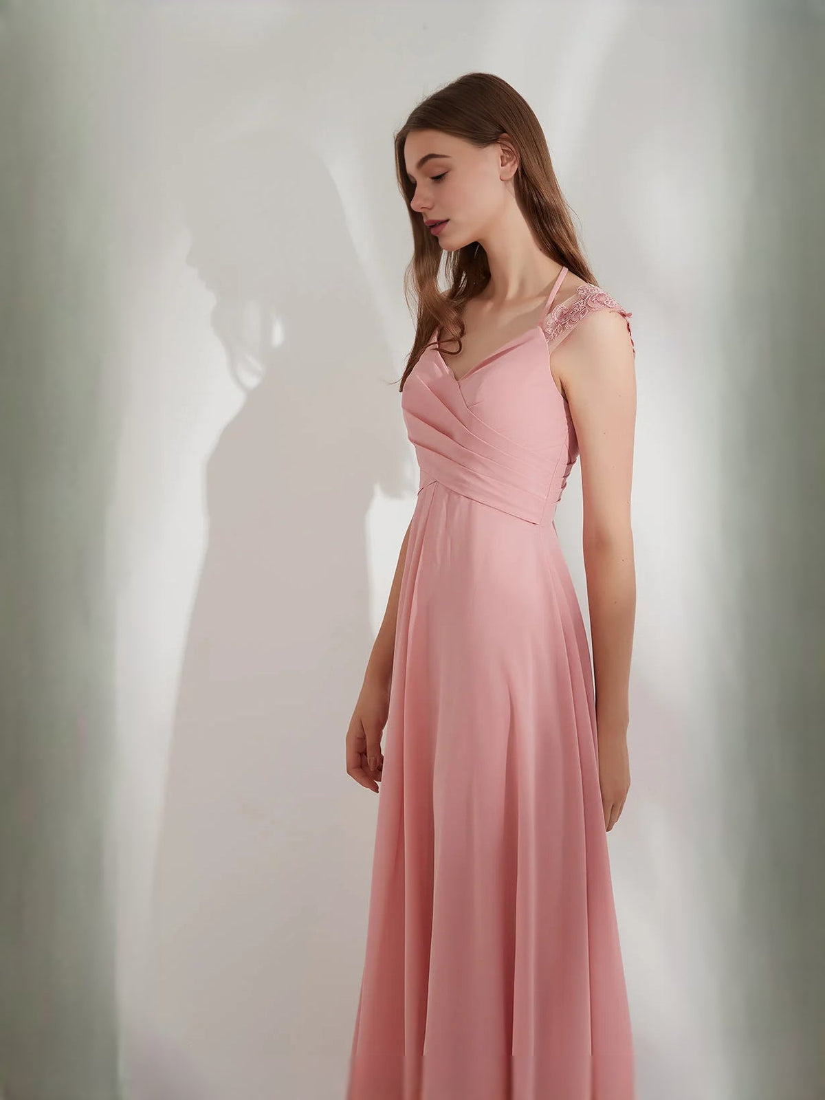Pink chiffon V-neck maxi dress with ruched waist and ruffled cap sleeves