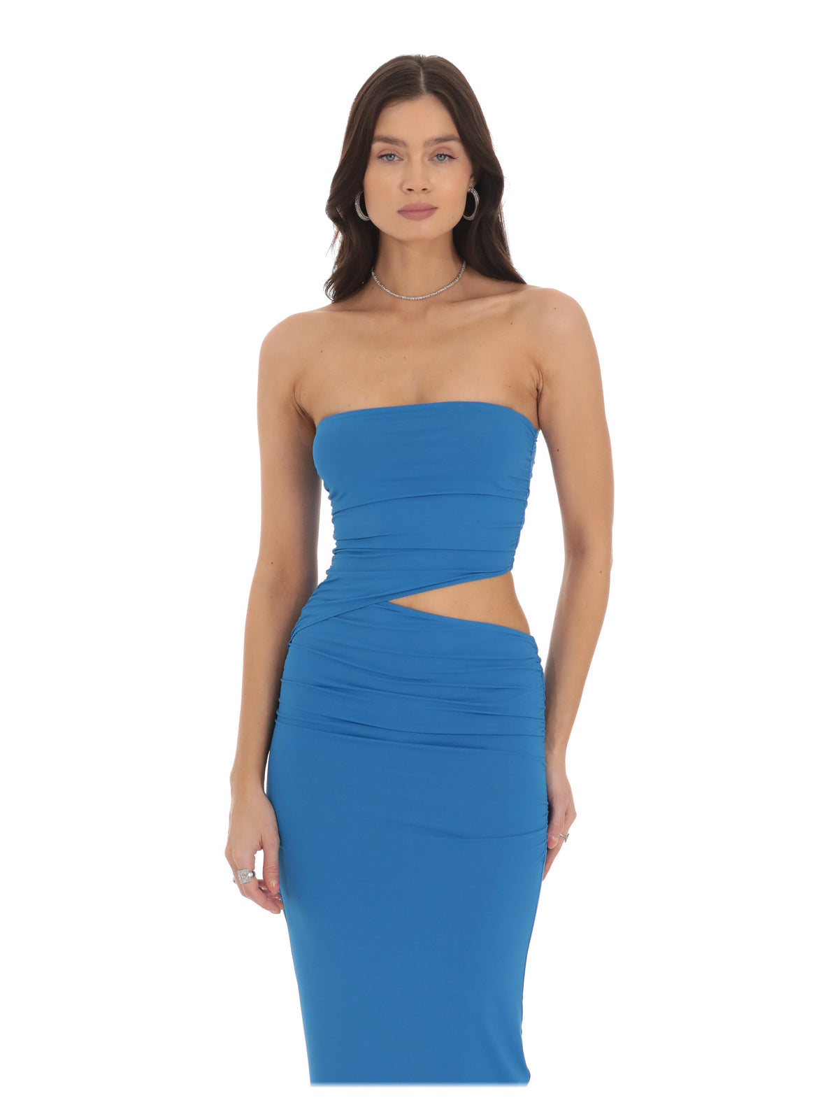 Blue bridesmaid dress with cut-out detailing