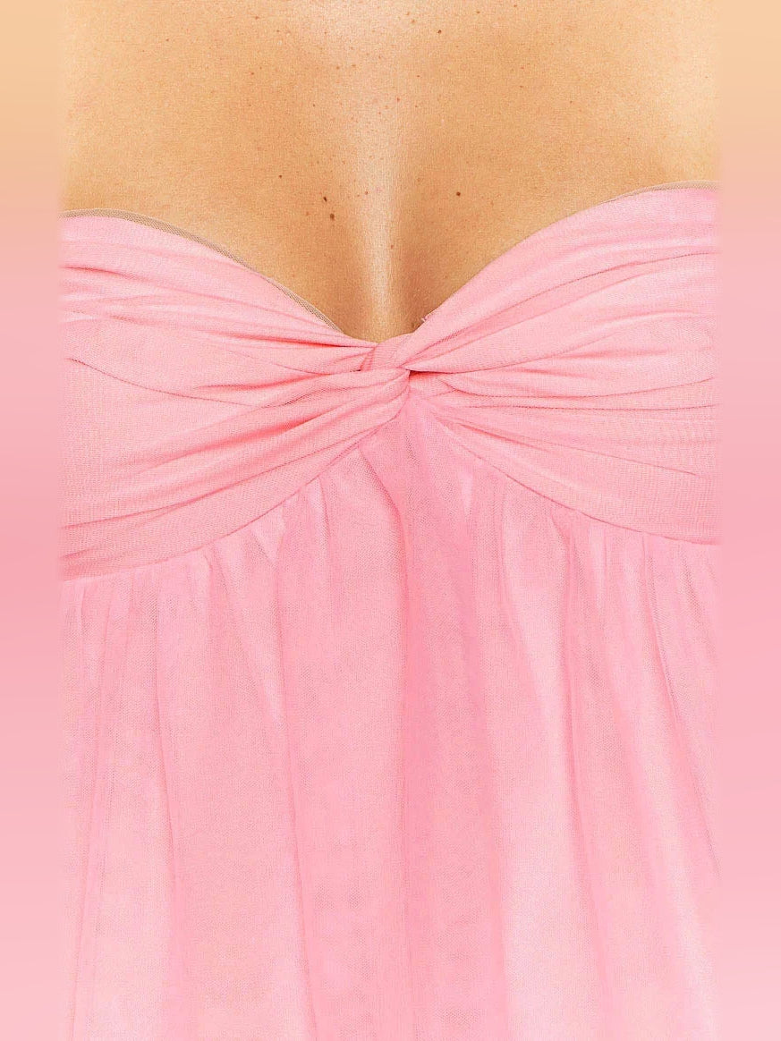 Hot pink sweetheart bodice with gathered bow and layered tulle ruffle details