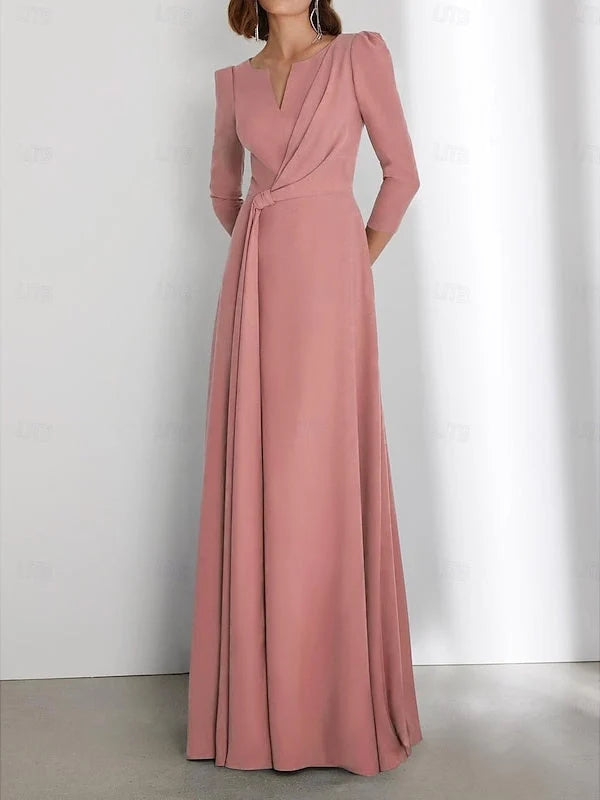 Rose pink draped V-neck A-line formal gown with 3/4 sleeves and wrap waist