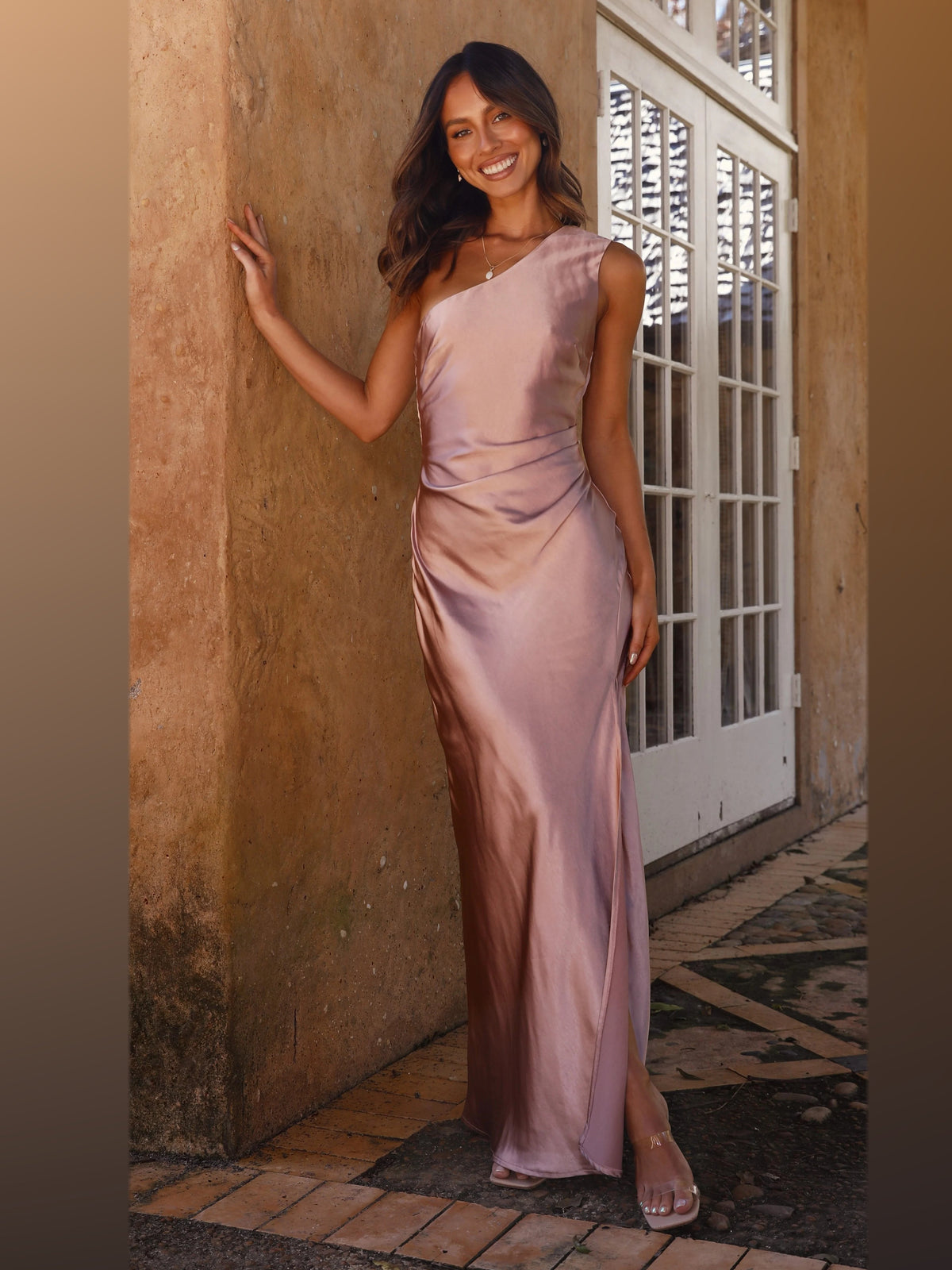 Dusty Pink maxi formal dress, alternate full-length view showing the skirt